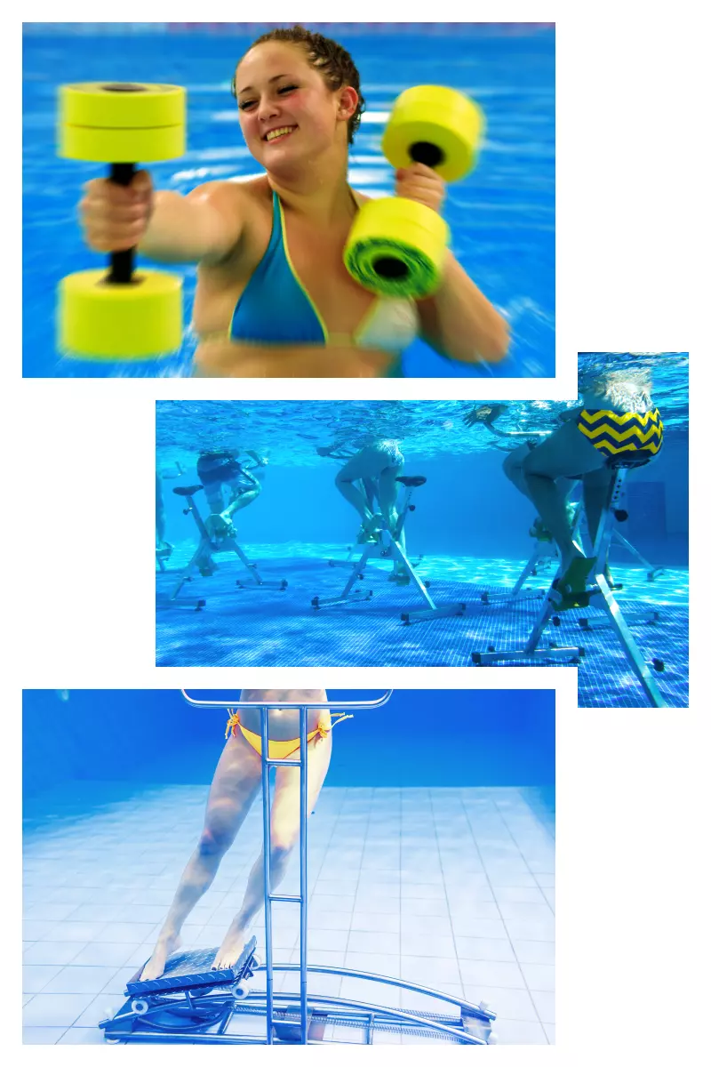 Das Bild ist eine Collage aus drei Bildern. Das obere Bild zeigt eine fröhliche Frau mit Hanteln in einem Schwimmbecken stehend. Das mittlere Bild zeigt die Unterwasseraufnahme eines Aqua-Fitness-Kurses beim Radfahren. Das untere Bild zeigt die Unterwasseraufnahme einer Frau bei der Benutzung eines Unterwasserfitnessgeräts.