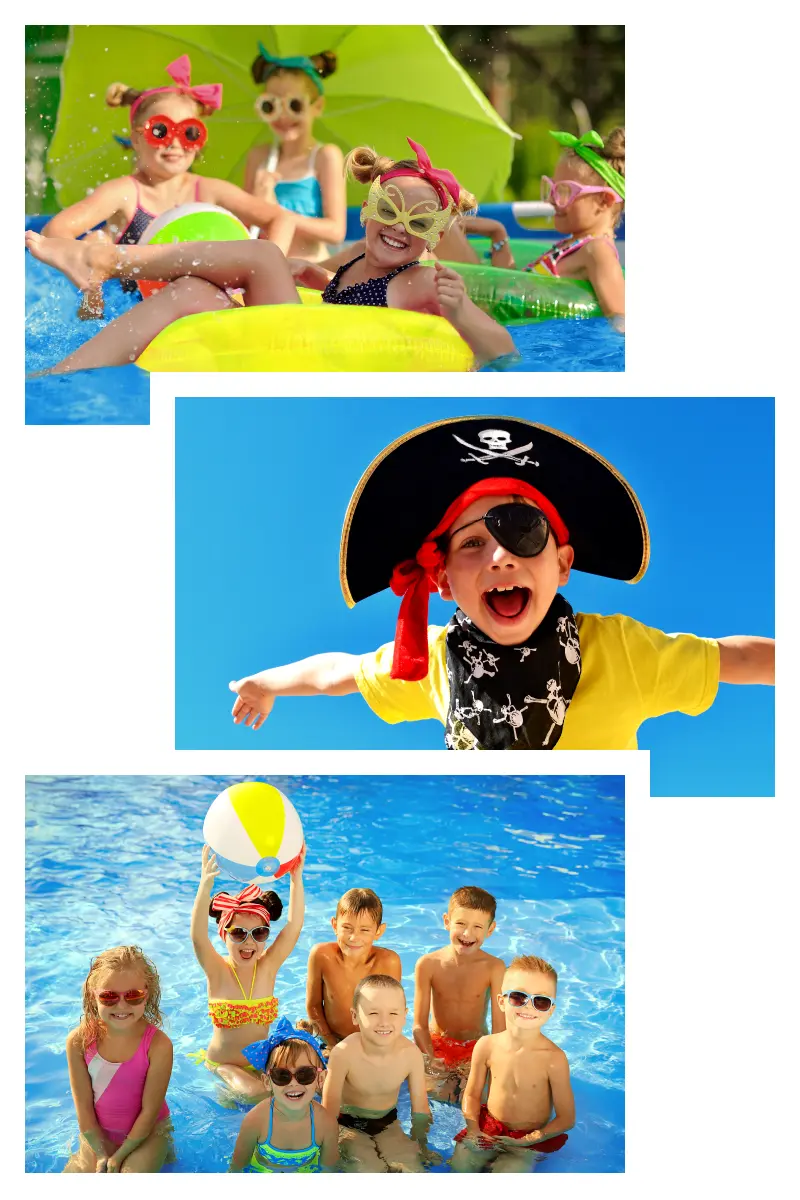 Das Bild ist eine Collage aus drei Bildern. Das obere Bild zeigt eine Gruppe fröhlicher, Sonnenbrillen tragende Mädchen in einem Schwimmbecken. Das Mädchen im Vordergrund liegt auf einem Schwimmreifen und lacht keck in die Kamera. Das mittlere Bild zeigt einen als Pirat kostümierten Jungen. Das untere Bild zeigt eine Gruppe im Schwimmbecken stehender, in die Kamera blickender Kinder. Ein Mädchen hält einen Wasserball in die Luft.