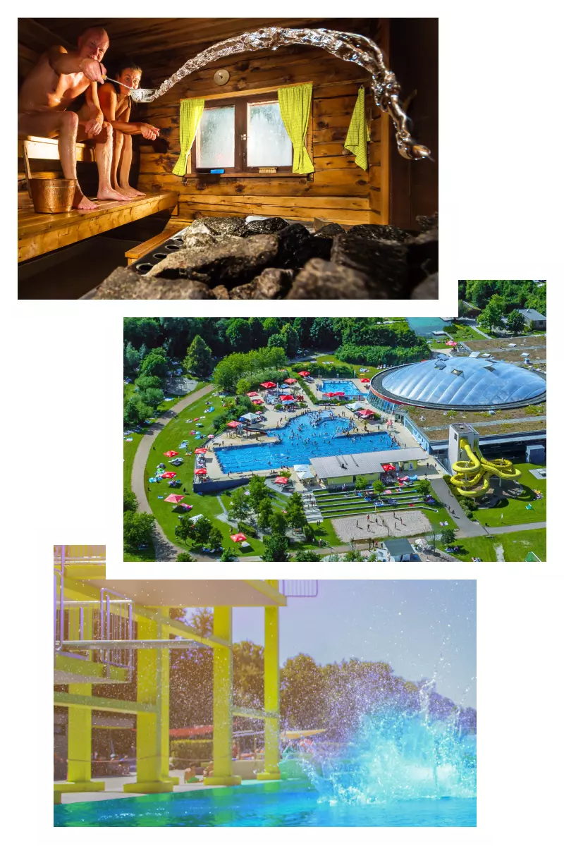 Das Bild ist eine Collage aus drei Bildern. Das obere Bild zeigt einen Mann und eine Frau in einer Sauna beim Aufguss. Das mittlere Bild zeigt die Drohnenaufnahme des Schwimmbads mit Außenbecken, Rutsche und Liegewiese. Das untere Bild die Sprungtürme im Außenbereich, wo gerade jemand ins Wasser gesprungen ist, so dass das Wasser hoch spritzt.