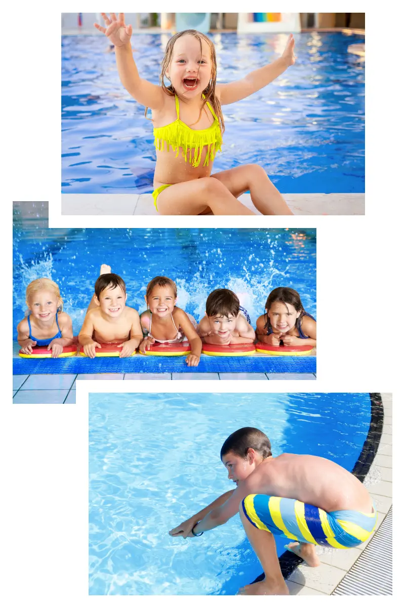 Das Bild ist eine Collage aus drei Bildern und dem Seepferdchen-Schwimmabzeichen. Das obere Bild zeigt ein fröhlich lachendes, kleines Mädchen, das am Becken sitzt und jubelnd die Arme in die Höhe reisst. Das mittlere Bild zeigt fünf Kinder, die auf Schwimmbrettern am Beckenrand liegen und mit den Beinen kräftig im Wasser strampeln. Das untere Bild zeigt einen gebeugt am Beckenrand stehenden Jungen kurz vor einem Kopfsprung.