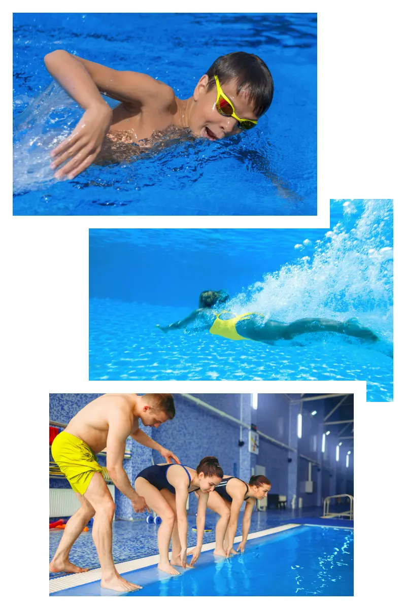 Das Bild ist eine Collage aus drei Bildern und dem deutschen Schwimmabzeichen Silber. Das obere Bild zeigt einen Freistil schwimmenden Jungen mit Schwimmbrille, der gerade seinen Kopf seitlich aus dem Wasser dreht. Das mittlere Bild zeigt ein Mädchen beim Streckentauchen. Das untere Bild zeigt zwei gebeugt am Beckenrand stehende Mädchen, denen von einem Trainer die richtige Haltung für den Kopfsprung vom Beckenrand gezeigt wird.